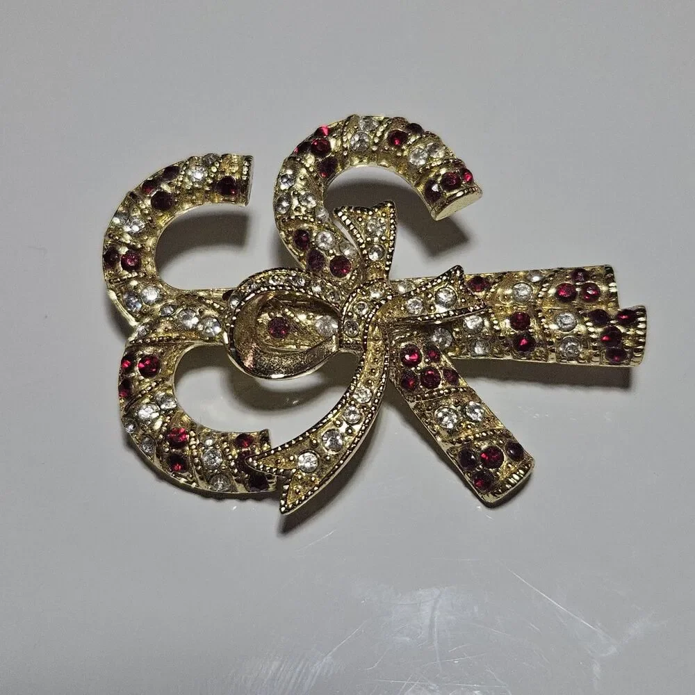 **Final Sale** Monet Christmas Candy Cane Bow Red Clear Gold Tone Brooch